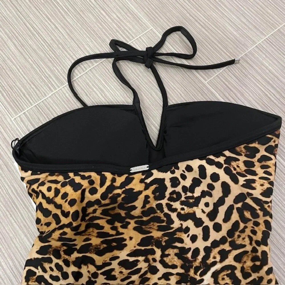 NWT Calvin Klein Animal Print Ruched Halter Tankini Swim Top XS
